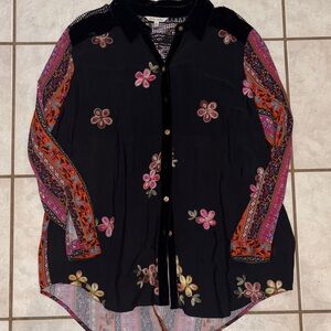 JOHN MARK Mixed Media Multi Print Point Collar Long Sleeve Button Front Tunic XL